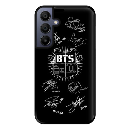 Black K-Pop Band Army Logo and Signatures Phone Case for Galaxy A15