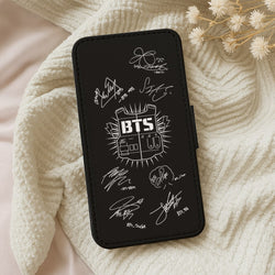 Black K-Pop Band Army Logo and Signatures Flip Wallet Phone Case