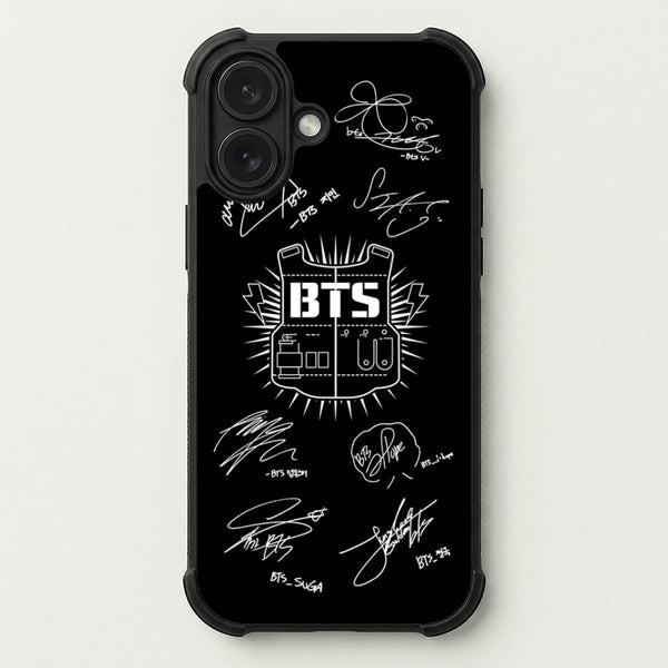 Black K-Pop Band Army Logo and Signatures Phone Case — Bumper case