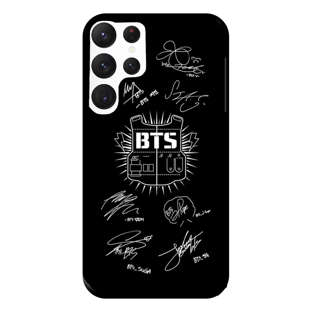 Black K-Pop Band Army Logo and Signatures Phone Case for Galaxy S22 Ultra