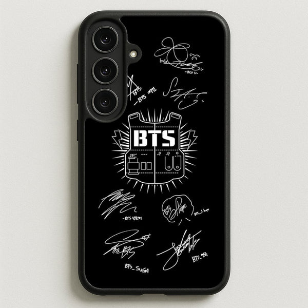 Black K-Pop Band Army Logo and Signatures Phone Case for Galaxy S25FE