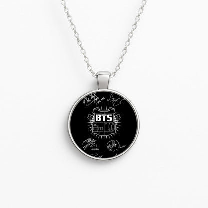 Black K-Pop Band Army Logo and Signatures Circle Necklace