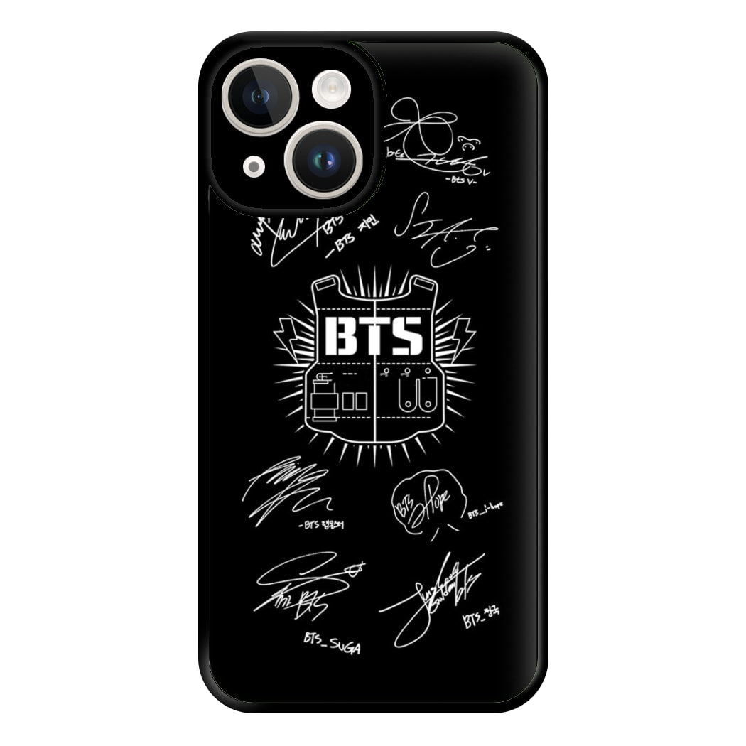 Black K-Pop Band Army Logo and Signatures Phone Case for iPhone 14