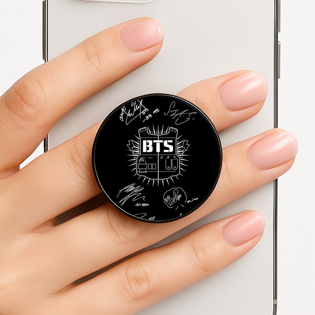 Black K-Pop Band Army Logo and Signatures Phone Grip
