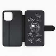 Black K-Pop Band Army Logo and Signatures Flip Wallet Phone Case 2