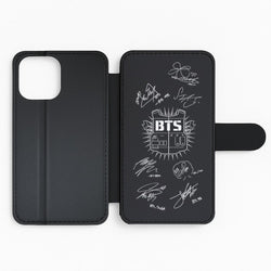 Black K-Pop Band Army Logo and Signatures Flip Wallet Phone Case