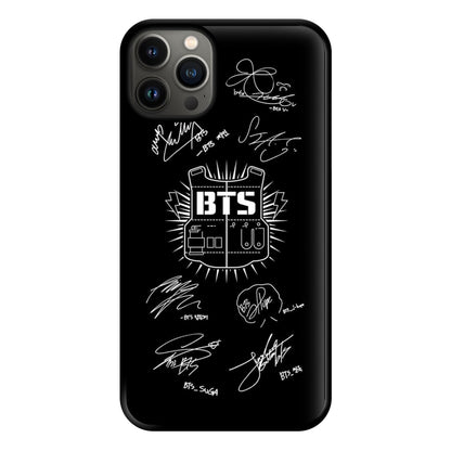 Black K-Pop Band Army Logo and Signatures Phone Case for iPhone 13