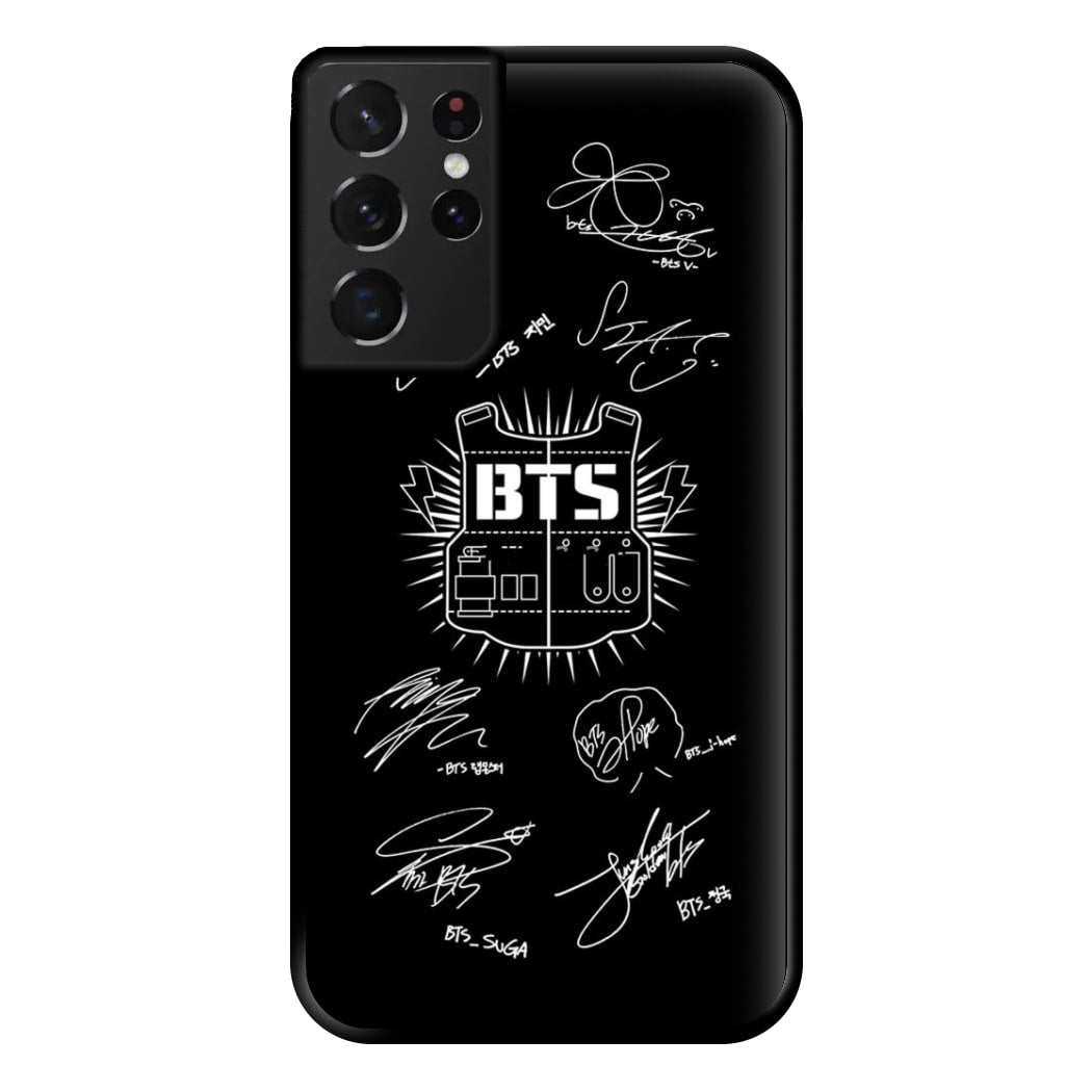 Black K-Pop Band Army Logo and Signatures Phone Case for Galaxy S21 Ultra