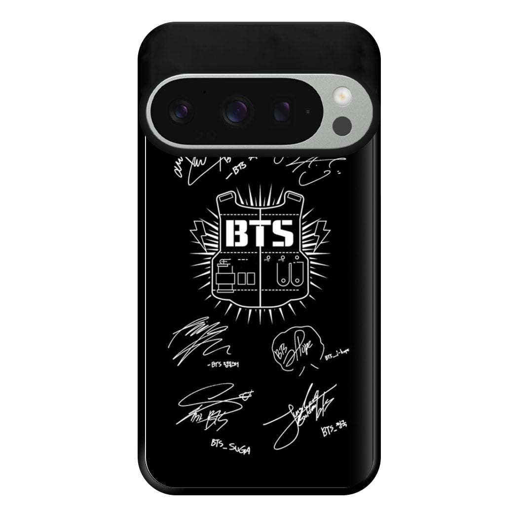 Black K-Pop Band Army Logo and Signatures Phone Case for Google Pixel 9 Pro XL