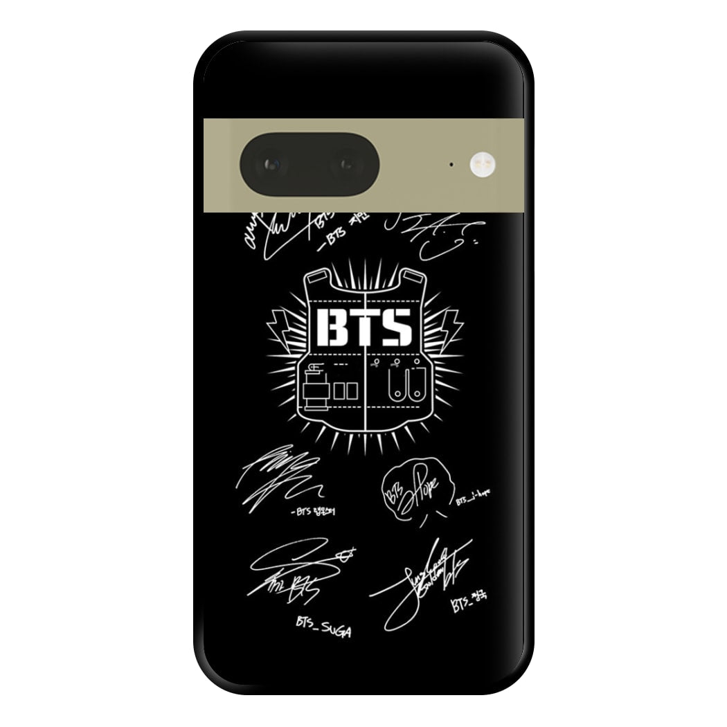 Black K-Pop Band Army Logo and Signatures Phone Case for Google Pixel 7a