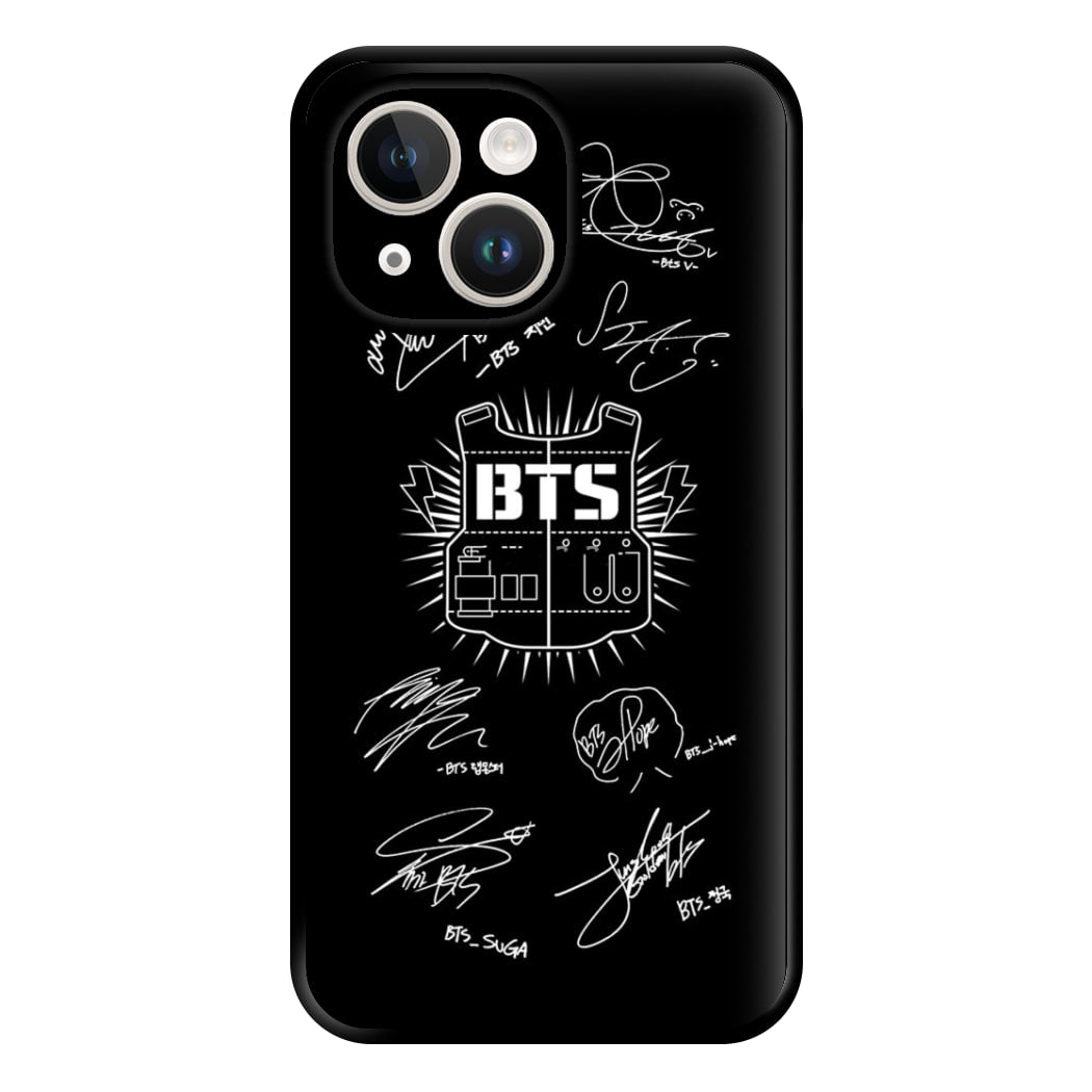 Black K-Pop Band Army Logo and Signatures Phone Case for iPhone 14 Plus