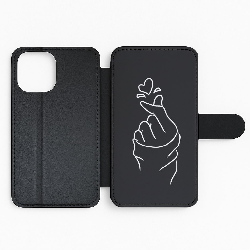 Cute Heart Finger Snap Black Flip Wallet Phone Case