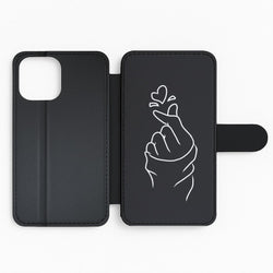 Cute Heart Finger Snap Black Flip Wallet Phone Case