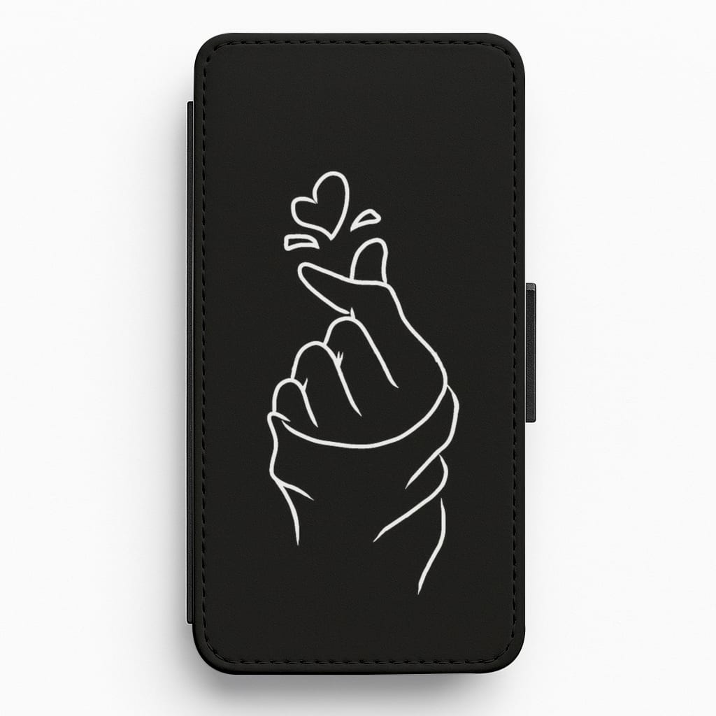 Cute Heart Finger Snap Black Flip Wallet Phone Case