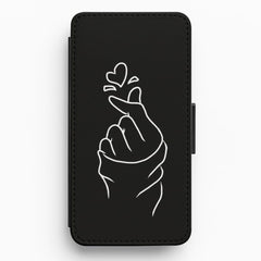 Cute Heart Finger Snap Black Flip Wallet Phone Case