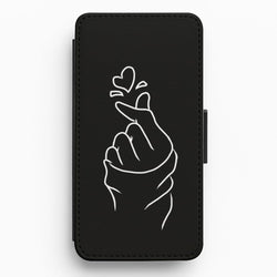 Cute Heart Finger Snap Black Flip Wallet Phone Case