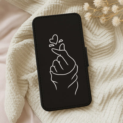 Cute Heart Finger Snap Black Flip Wallet Phone Case