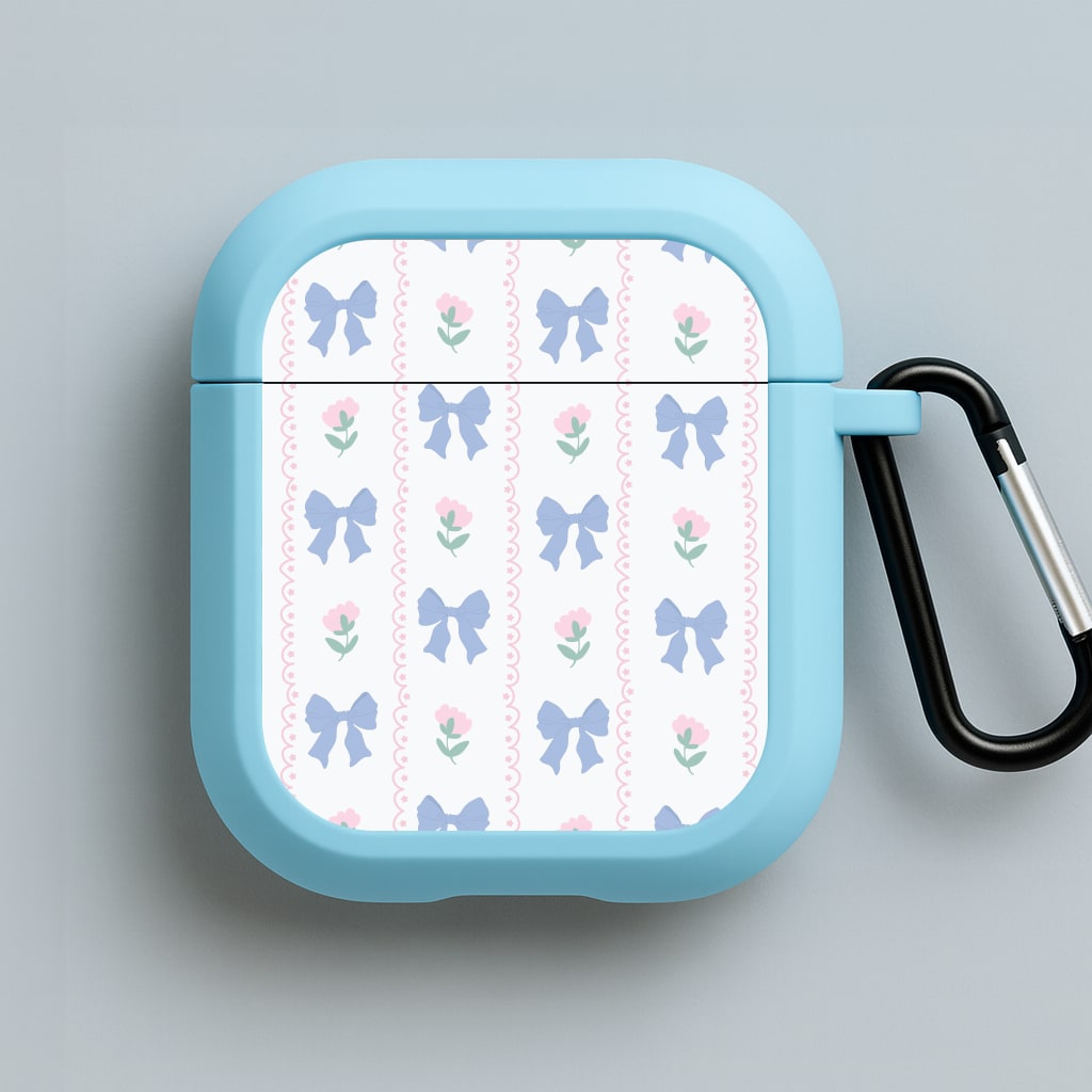 Pink Bows Pattern - Clean Girl Aesthetic Blue AirPods Case
