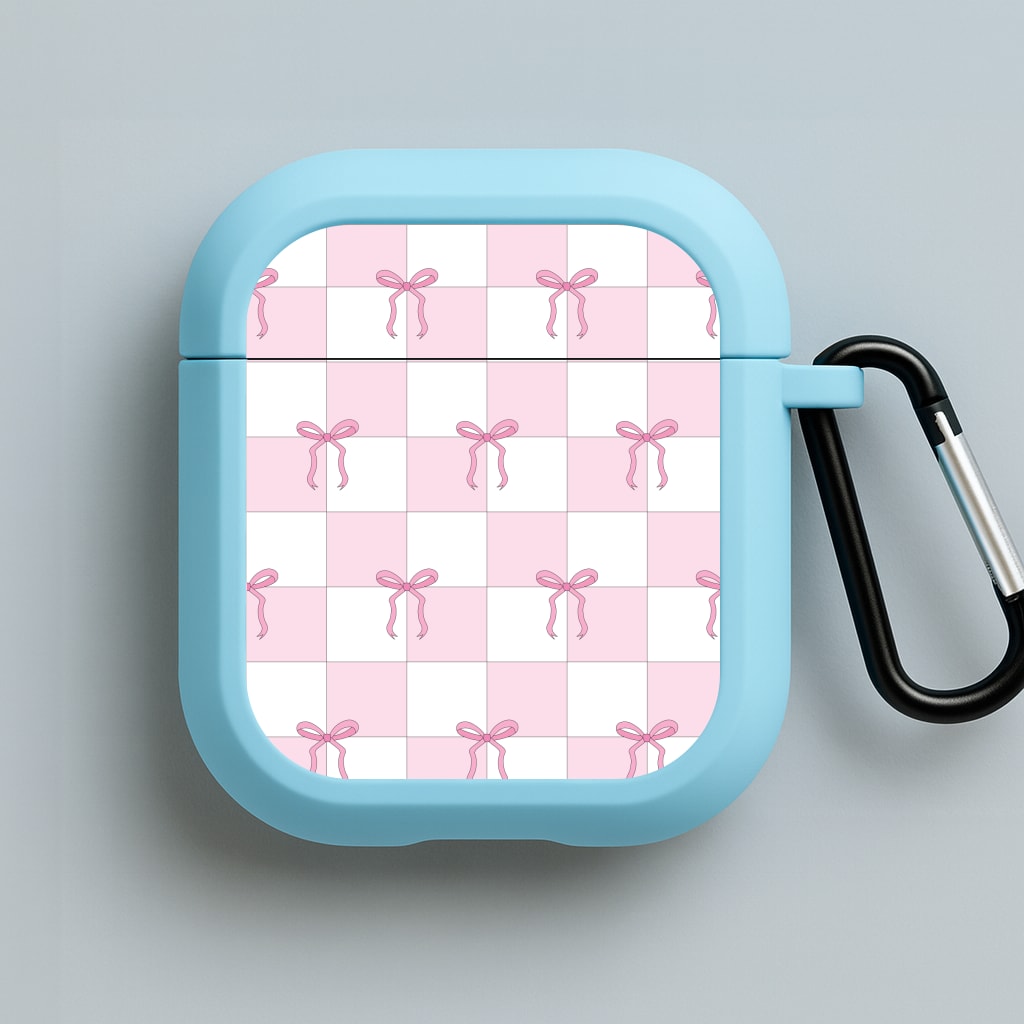 Checkered Pink Coquette Bows  Blue AirPods Case