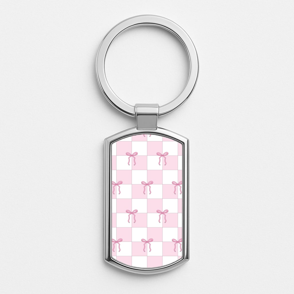 Checkered Pink Coquette Bows  Silver Keyring