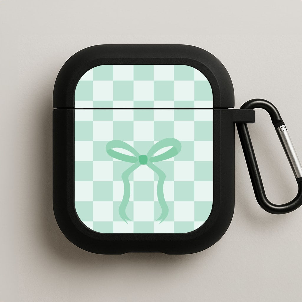 Checkered Coquette Bow Cyan AirPods Case