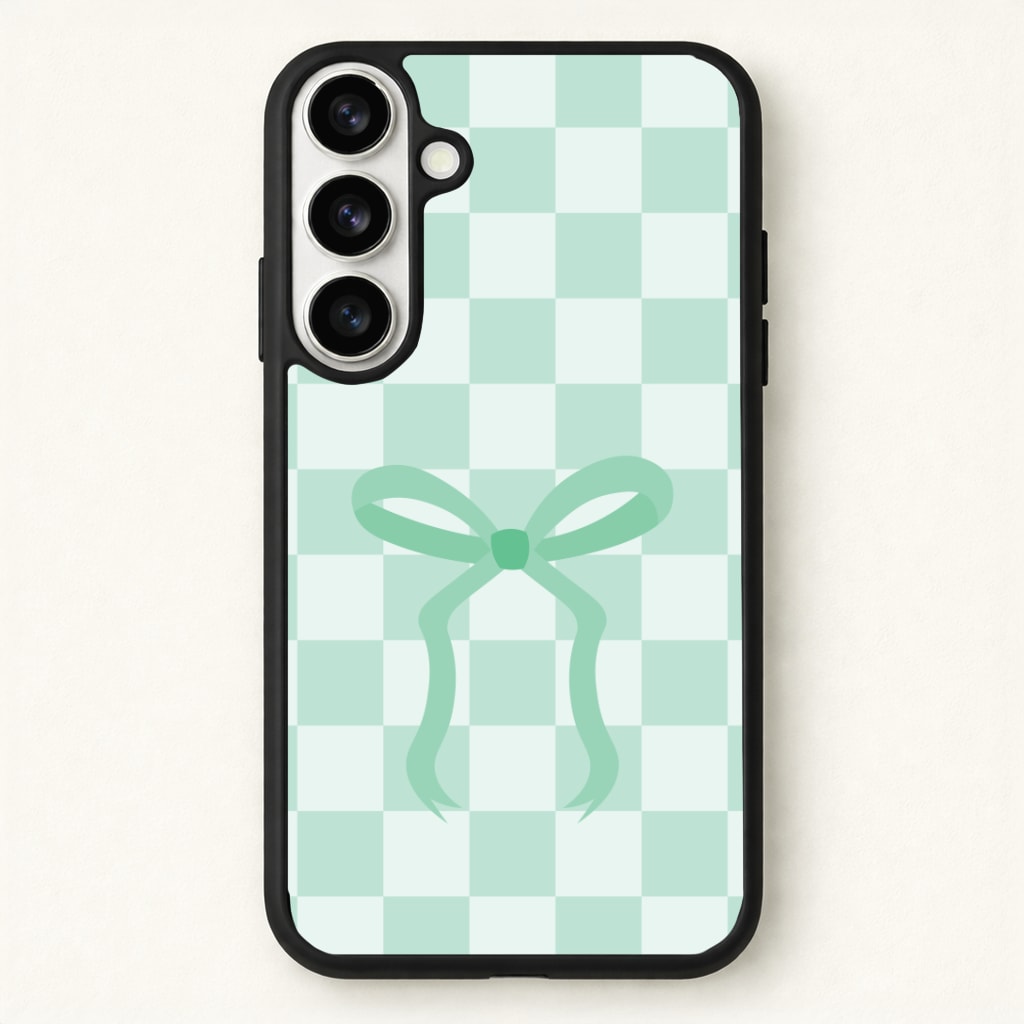 Checkered Coquette Bow Cyan Phone Case for Galaxy S26 Plus