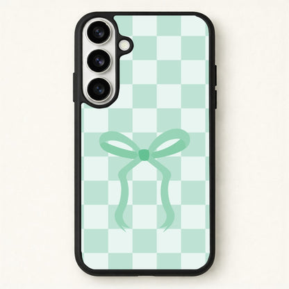 Checkered Coquette Bow Cyan Phone Case for Galaxy S26 Plus