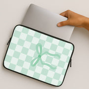 Checkered Coquette Bow Cyan Laptop Sleeve 2
