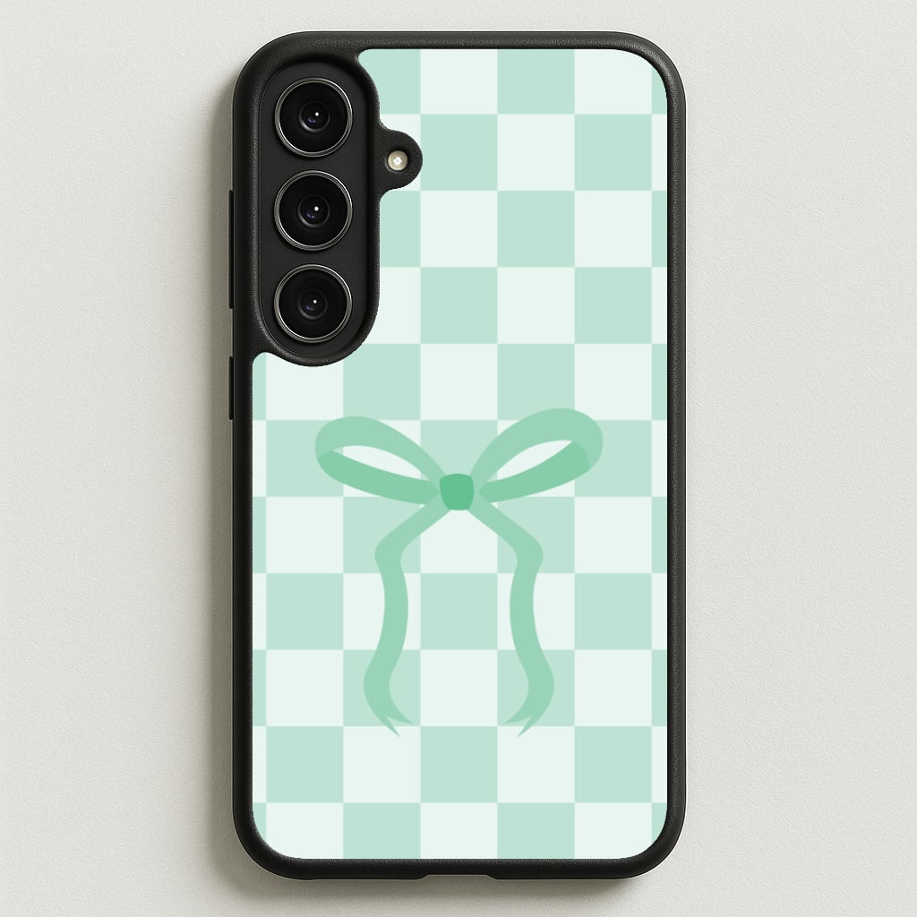 Checkered Coquette Bow Cyan Phone Case for Galaxy S25FE