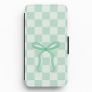 Checkered Coquette Bow Cyan Flip / Wallet Phone Case 1