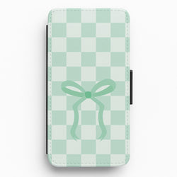 Checkered Coquette Bow Cyan Flip / Wallet Phone Case