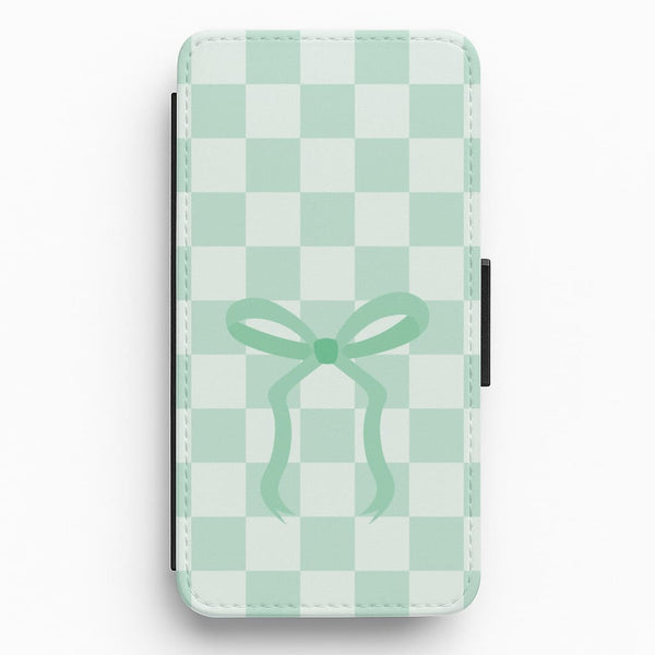 Checkered Coquette Bow Cyan Flip / Wallet Phone Case