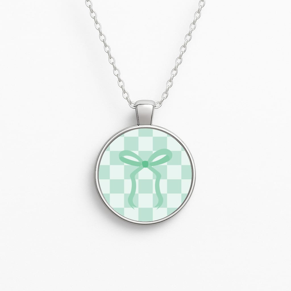 Checkered Coquette Bow Cyan Necklace
