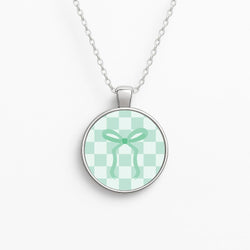 Checkered Coquette Bow Cyan Necklace