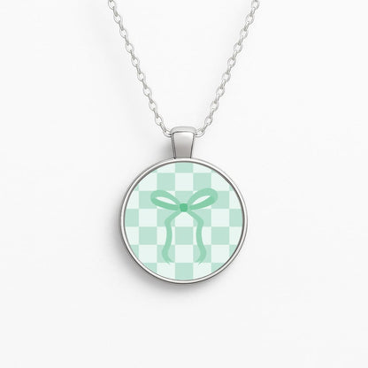 Checkered Coquette Bow Cyan Necklace