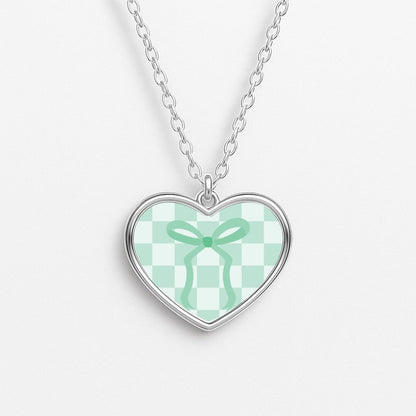 Checkered Coquette Bow Cyan Necklace