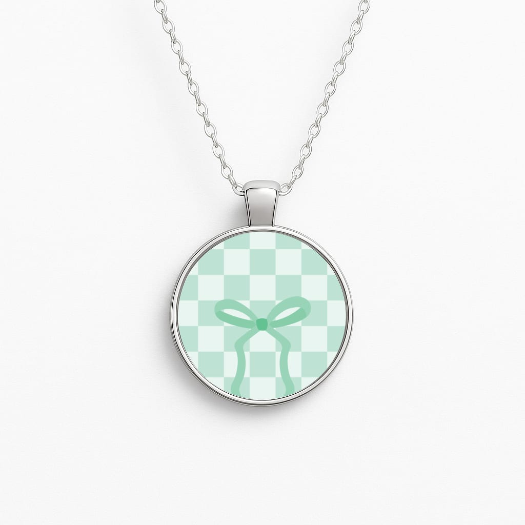 Checkered Coquette Bow Cyan Necklace
