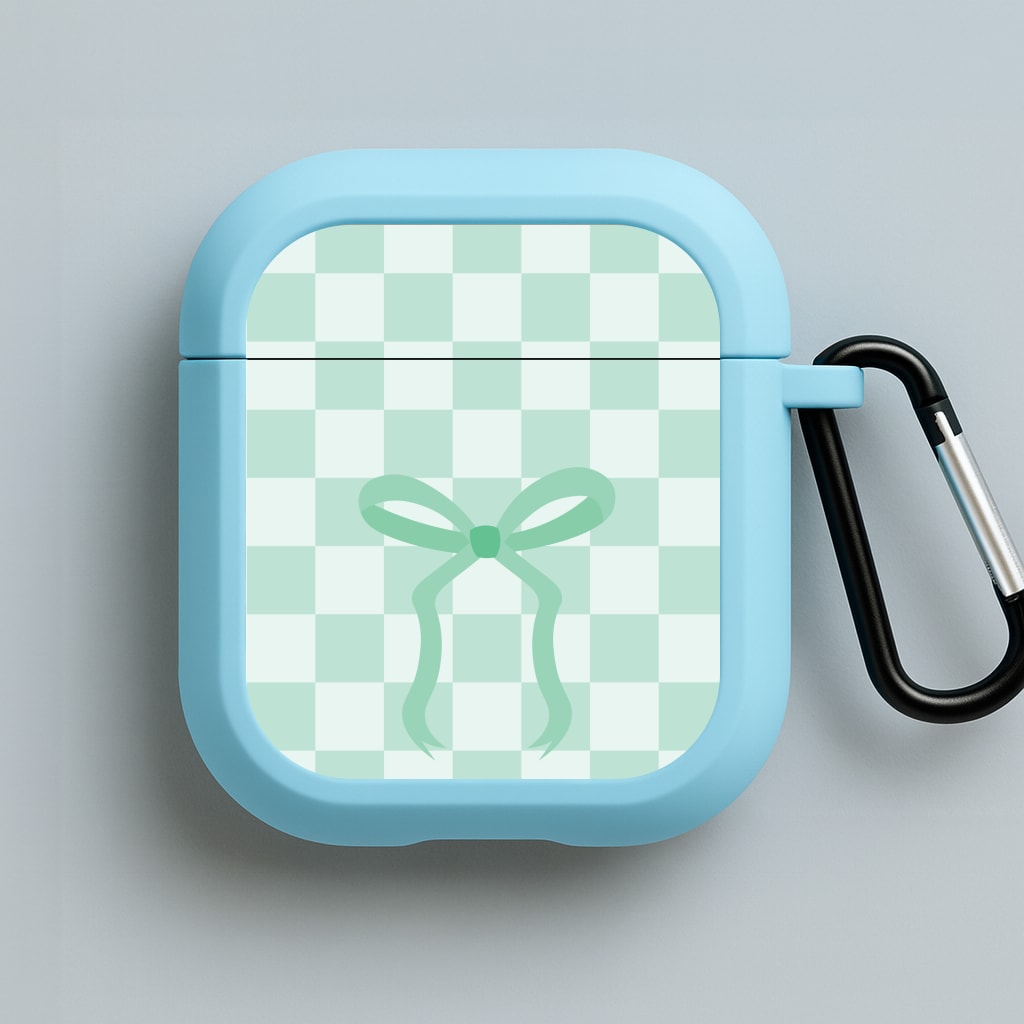 Checkered Coquette Bow Cyan Blue AirPods Case