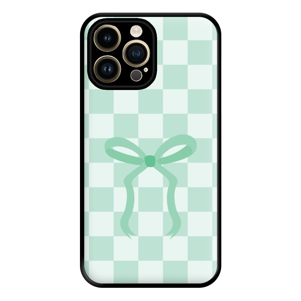 Checkered Coquette Bow Cyan Phone Case for iPhone 14 Pro Max