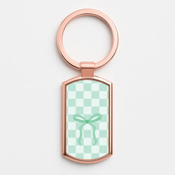 Checkered Coquette Bow Cyan Rose Gold Keyring