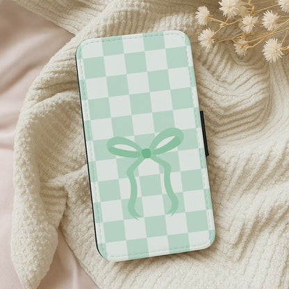 Checkered Coquette Bow Cyan Wallet Phone Case