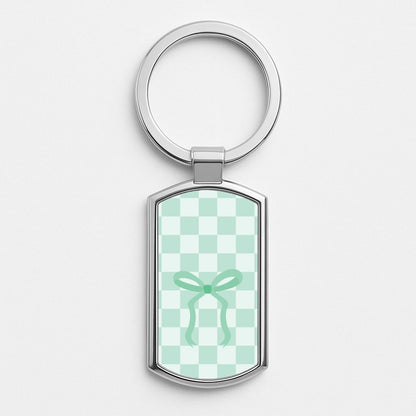 Checkered Coquette Bow Cyan Silver Keyring