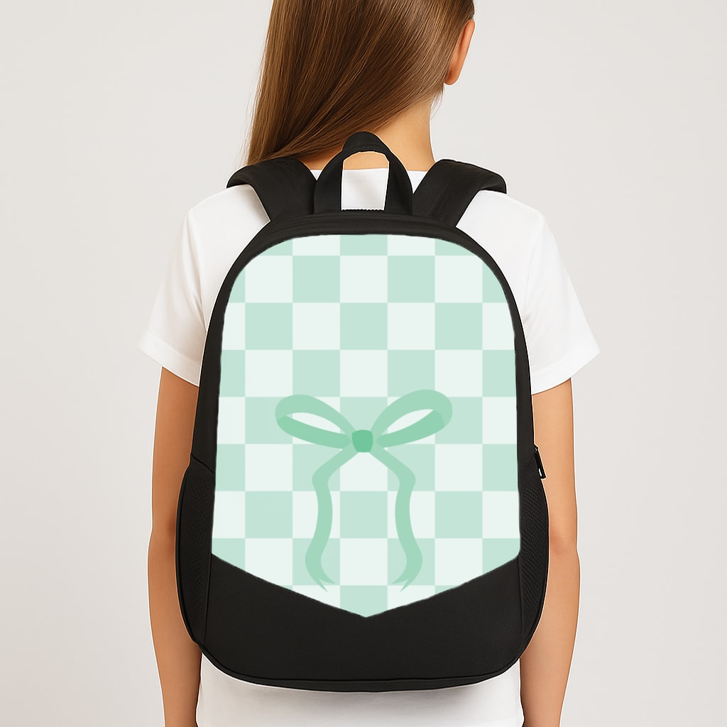 Checkered Coquette Bow Cyan Large School Bag