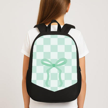 Checkered Coquette Bow Cyan Large School Bag