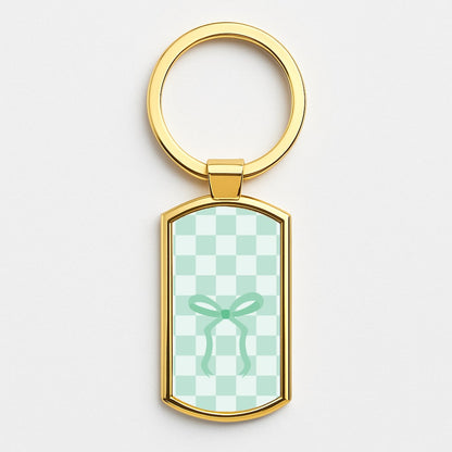 Checkered Coquette Bow Cyan Gold Keyring
