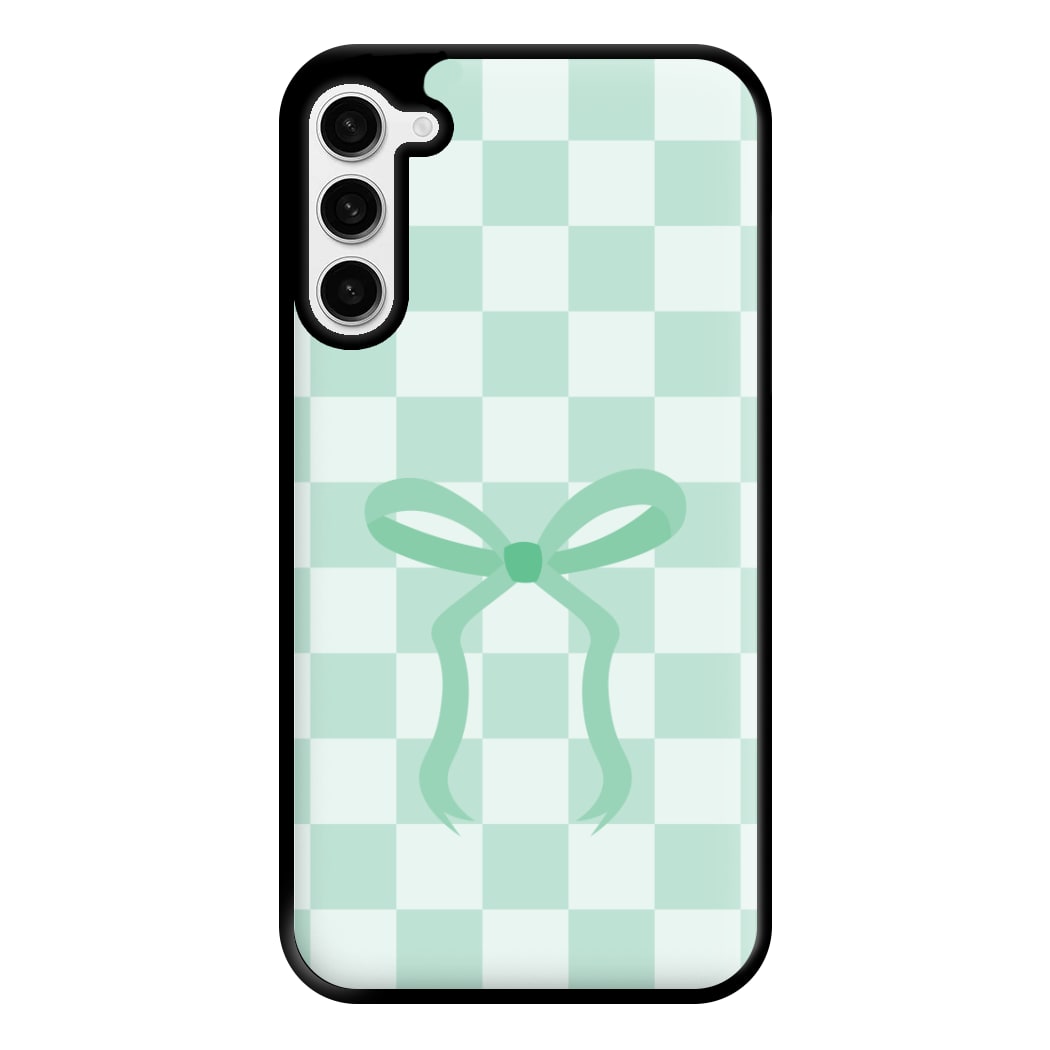 Checkered Coquette Bow Cyan Phone Case for Galaxy S23 Plus