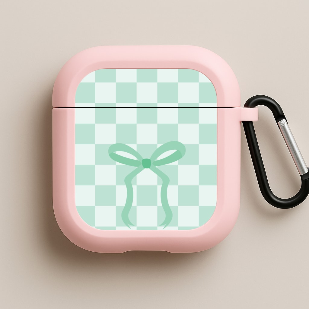 Checkered Coquette Bow Cyan Pink AirPods Case
