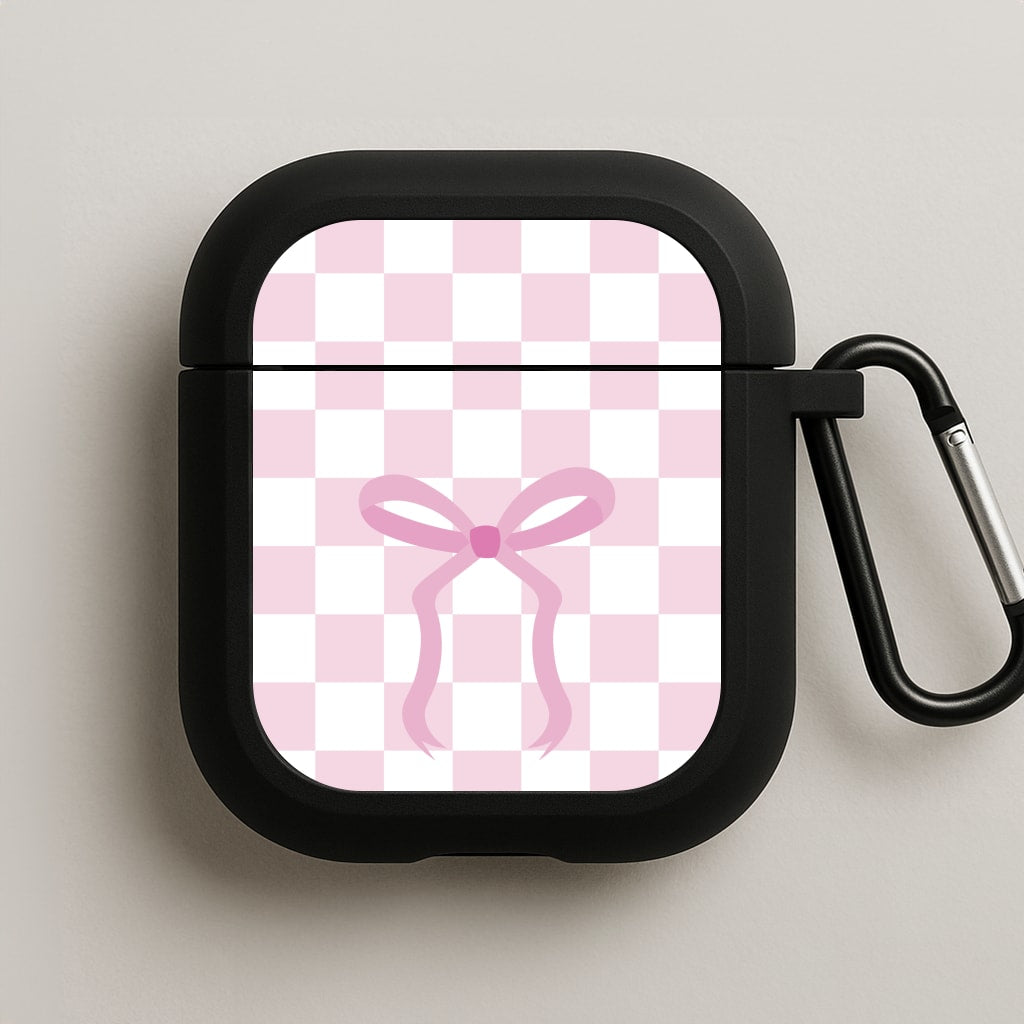 Checkered Coquette Bow Pink AirPods Case