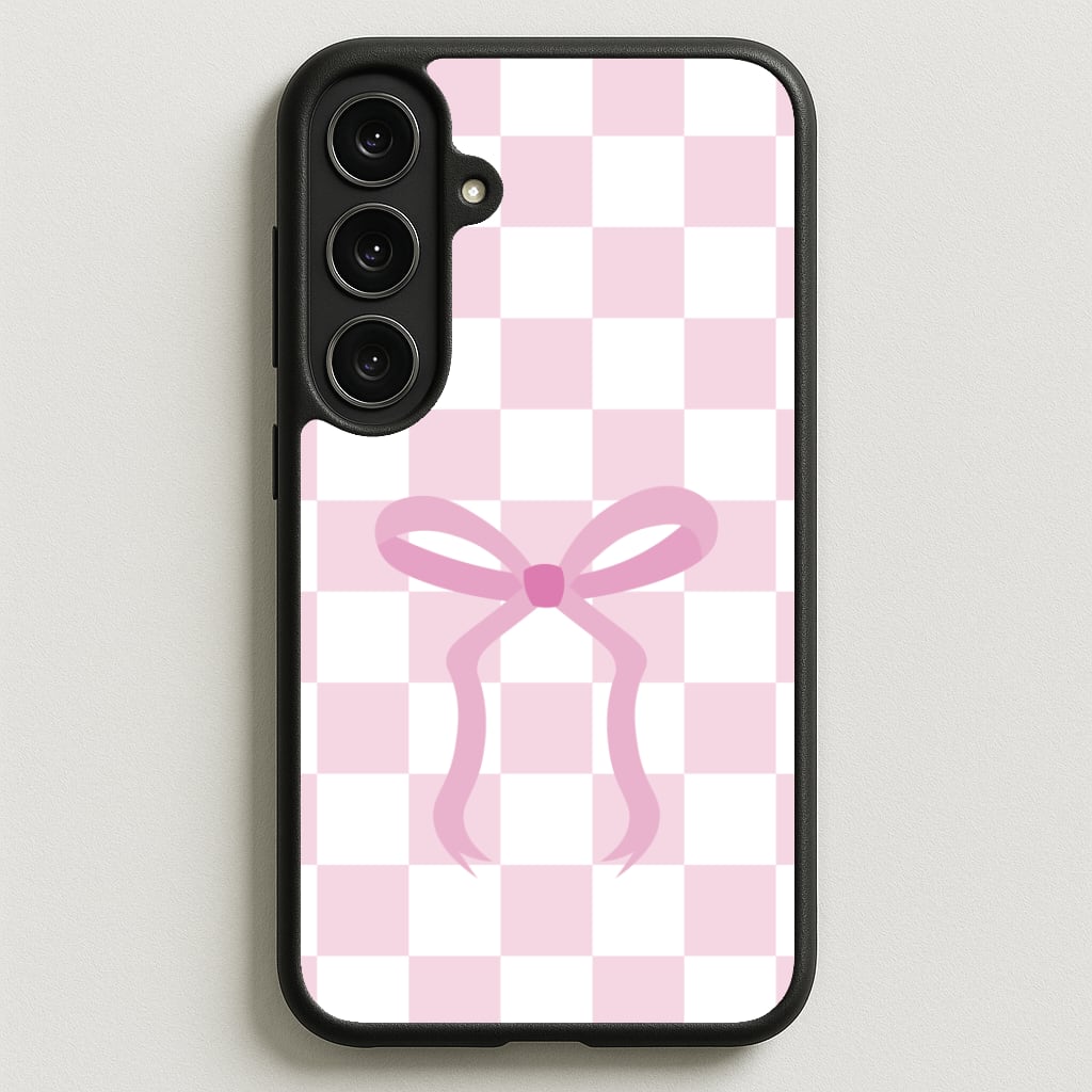 Checkered Coquette Bow Pink Phone Case for Galaxy S25FE