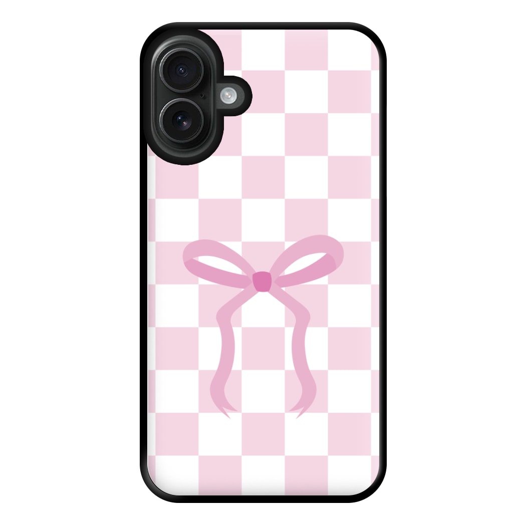 Checkered Coquette Bow Pink Phone Case for iPhone 16 Plus